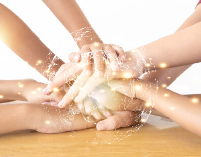 Hand team touch together with digital graphic and technology background Hand team touch together with digital graphic and technology background